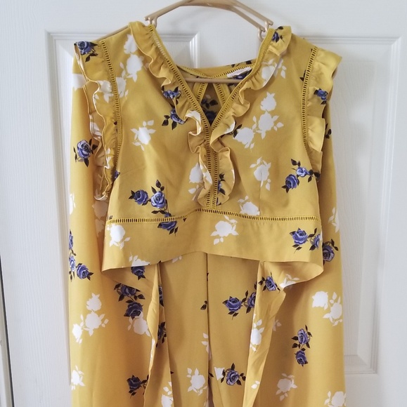 Mustard Yellow Floral High Waist Pant and Crop Top - Picture 2 of 3